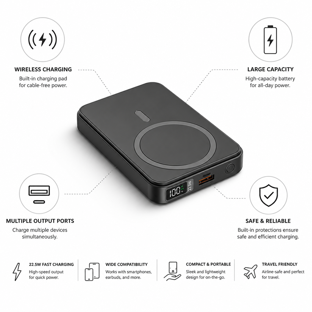 Power Bank with Built-In Wireless Charging Pad