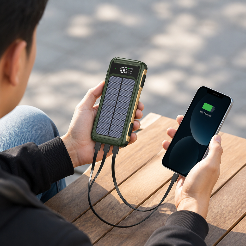 Solar Power Bank with Integrated Charging Cables
