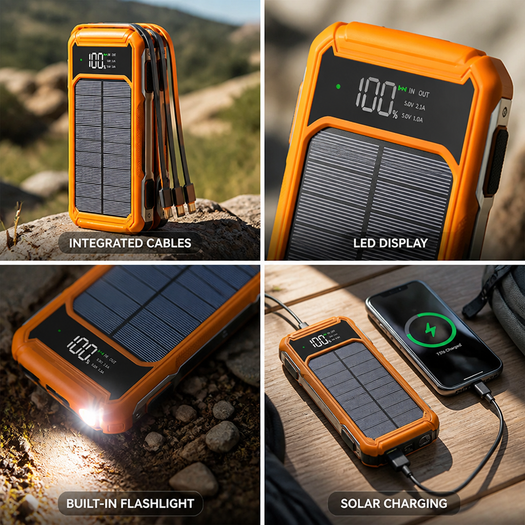 Solar Power Bank with Integrated Charging Cables
