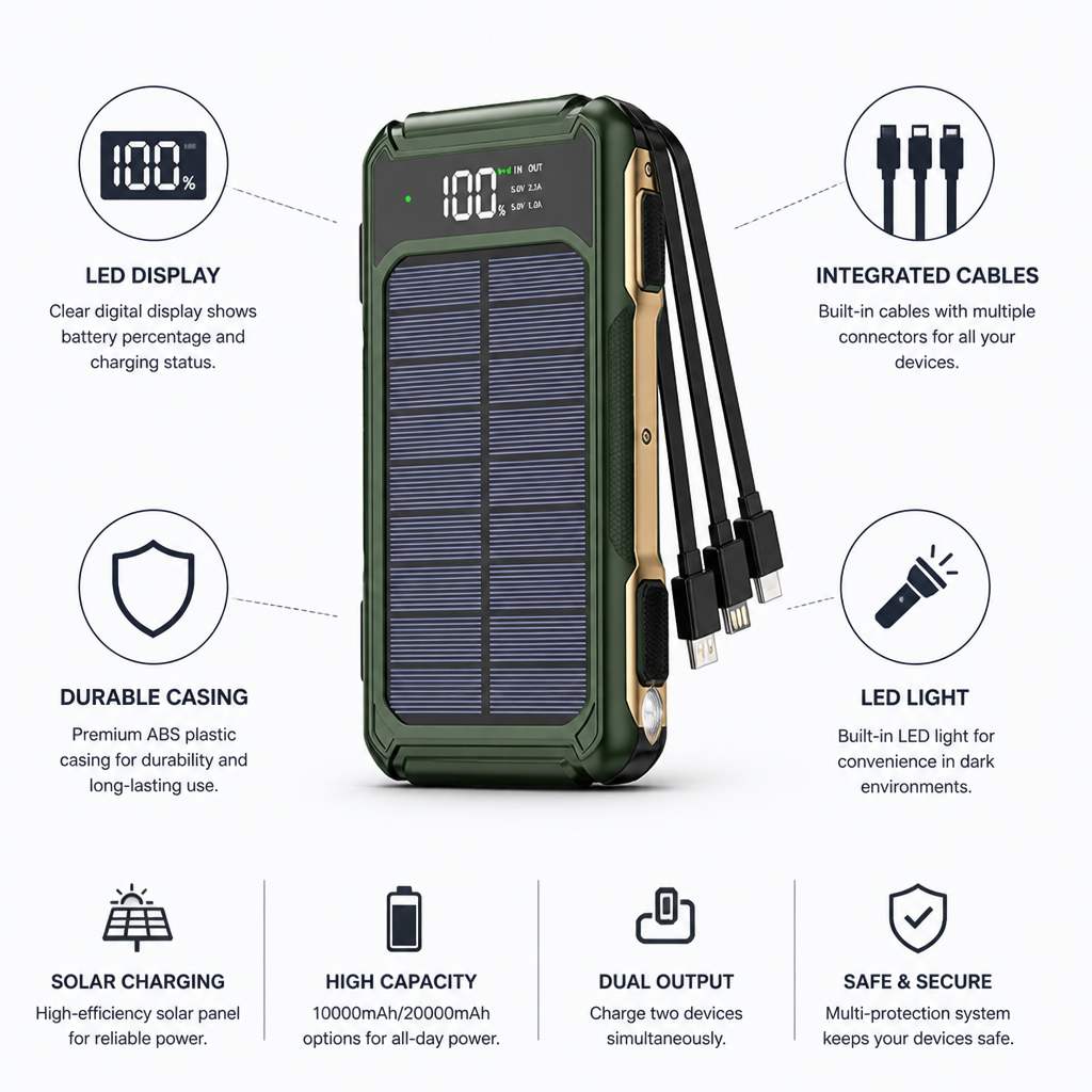 Solar Power Bank with Integrated Charging Cables