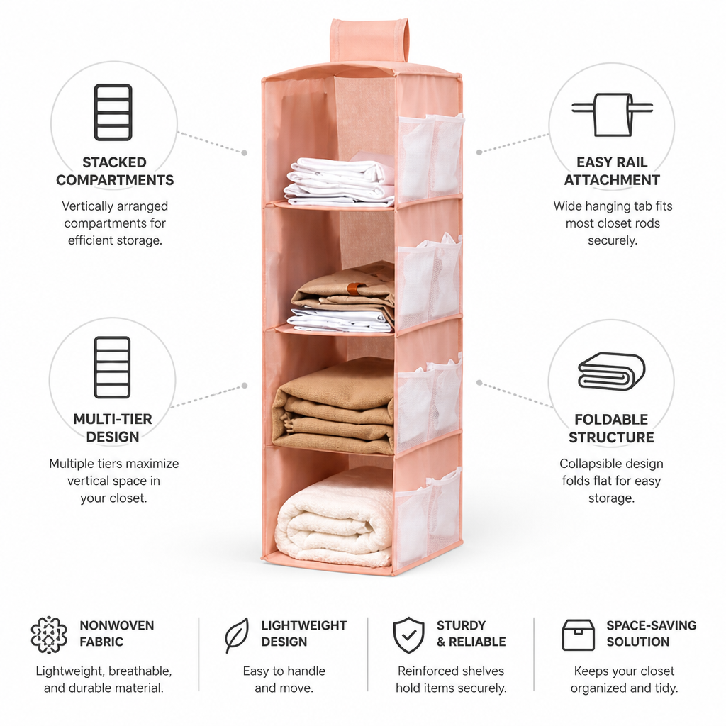 Hanging Closet Organizer with Rail Attachment