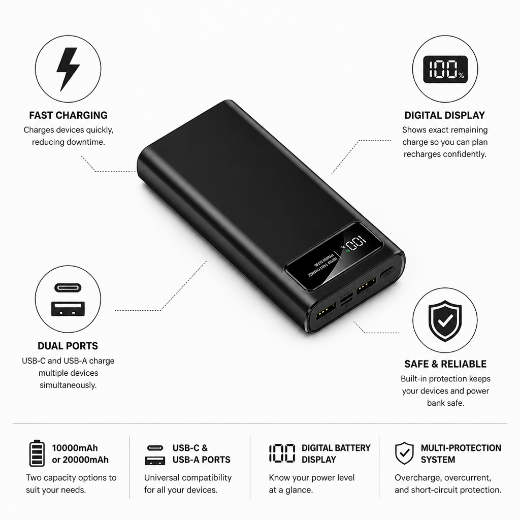 Power Bank | Fast Charging & Digital Battery Display | USB-C & USB-A Ports