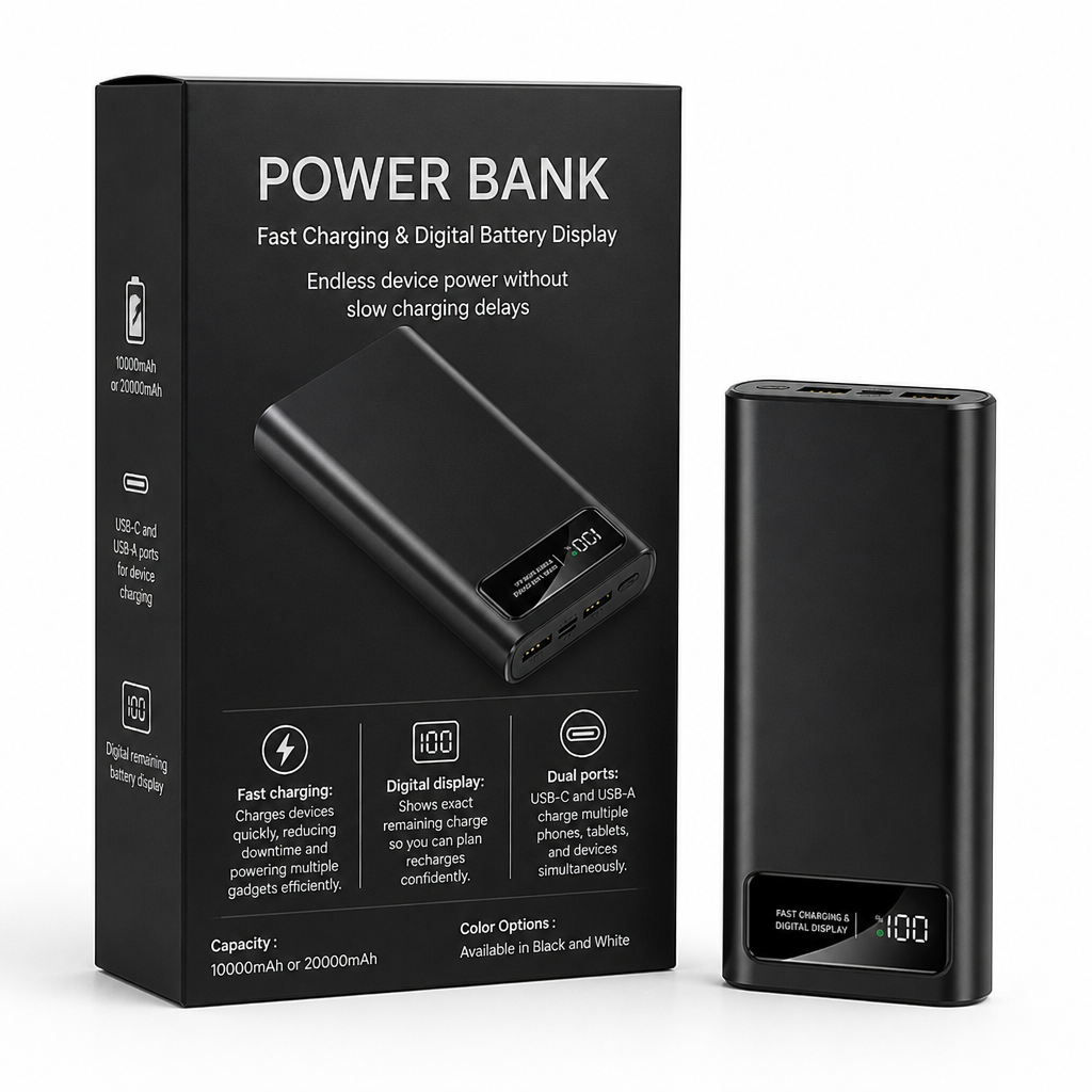 Power Bank | Fast Charging & Digital Battery Display | USB-C & USB-A Ports