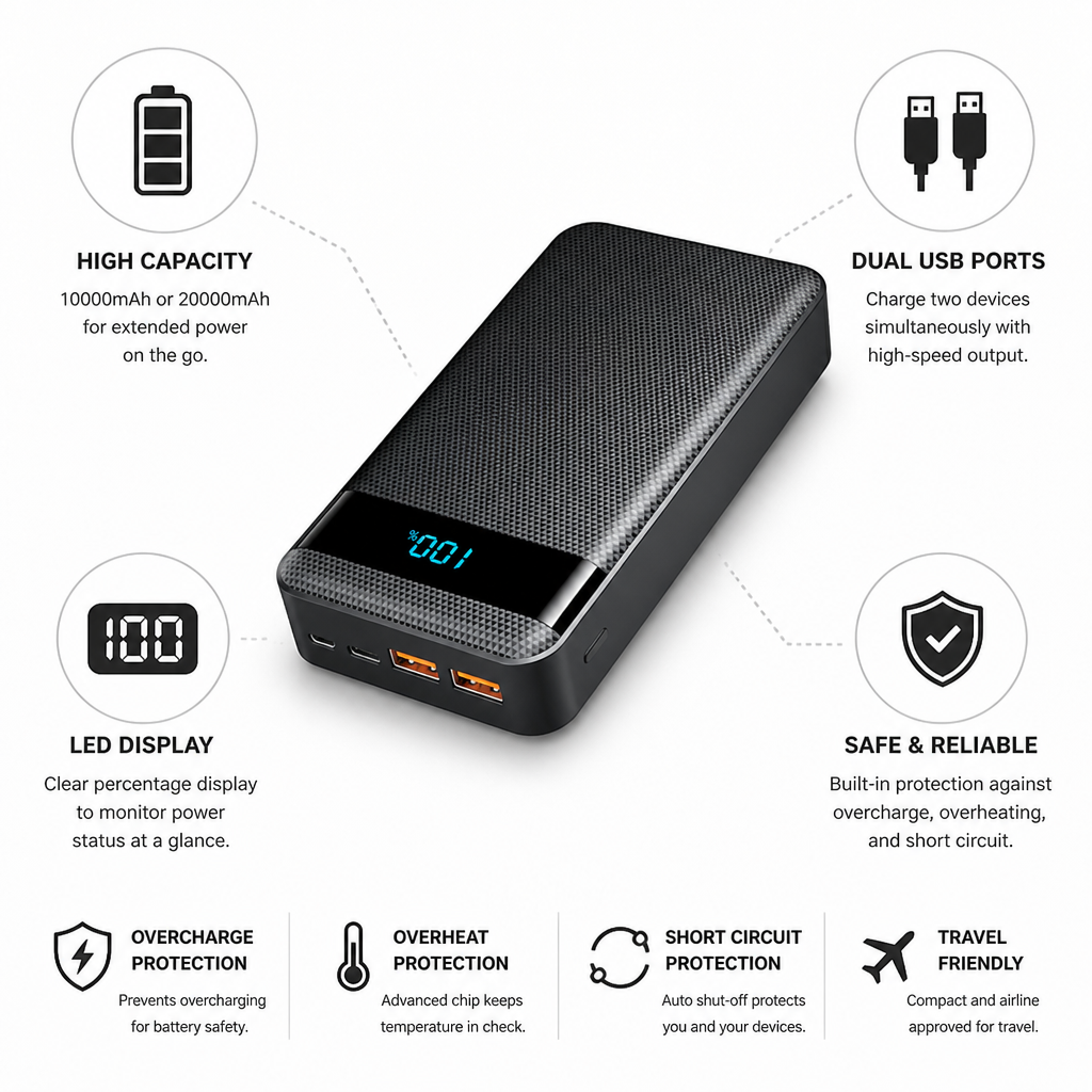 Power Bank | High Capacity Dual USB & LED Display | Compact Travel Size