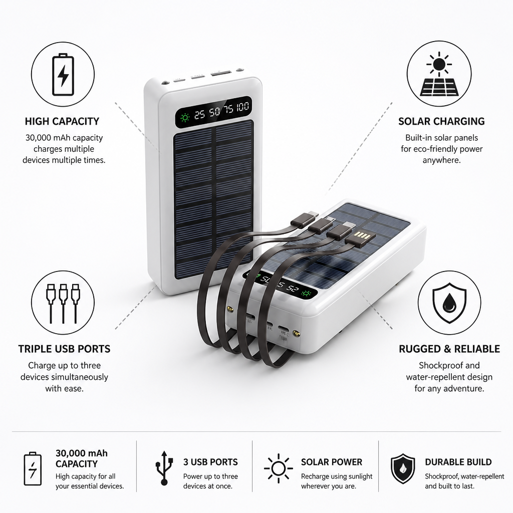Power Bank | Solar Charging & 30,000 mAh | Triple USB