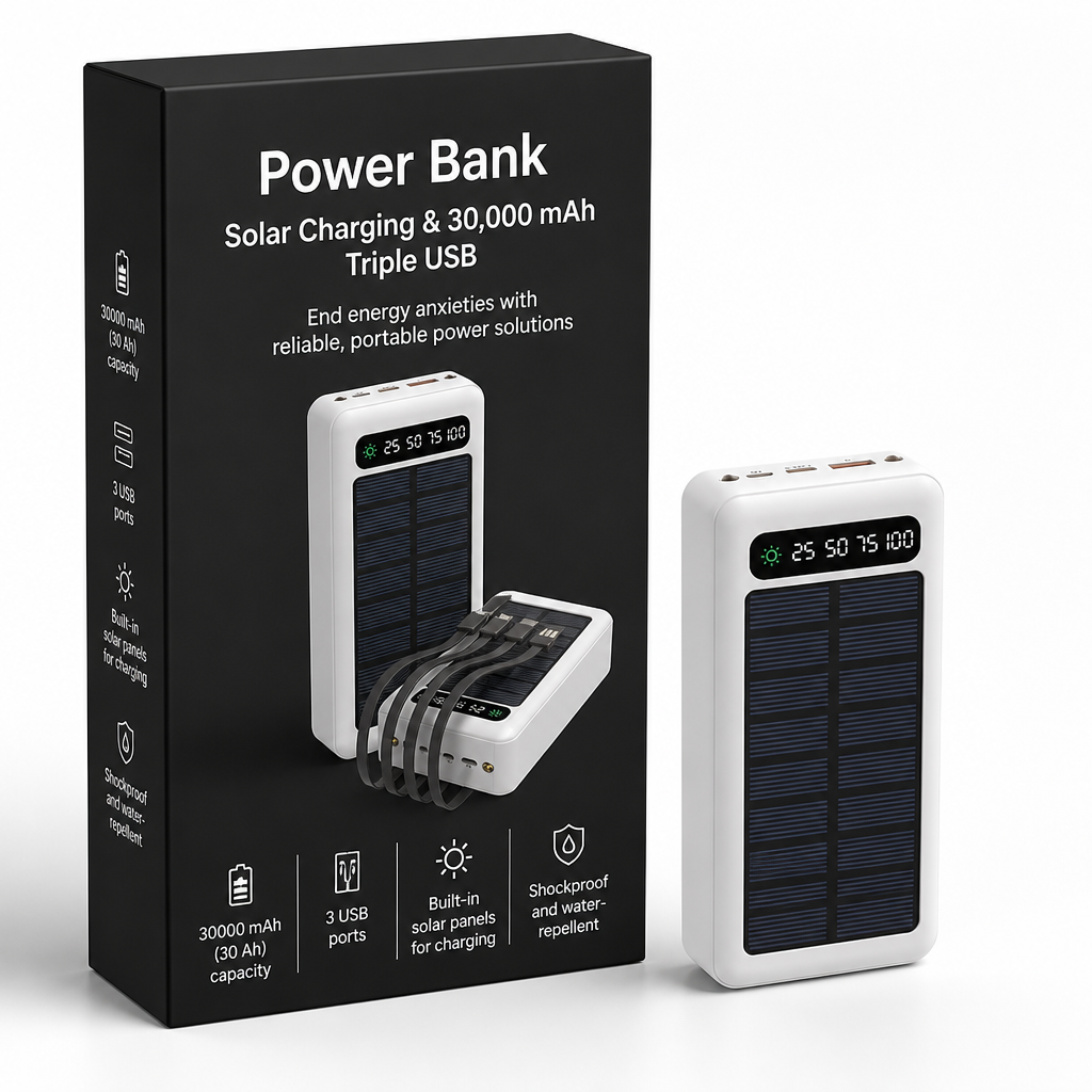 Power Bank | Solar Charging & 30,000 mAh | Triple USB