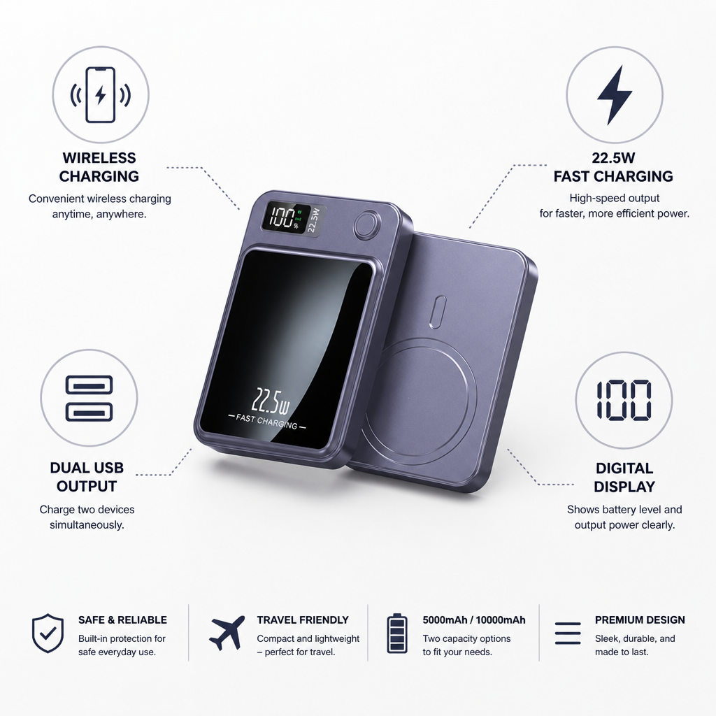 Power Bank | Wireless Charging & Dual USB | 22.5W Fast Charge