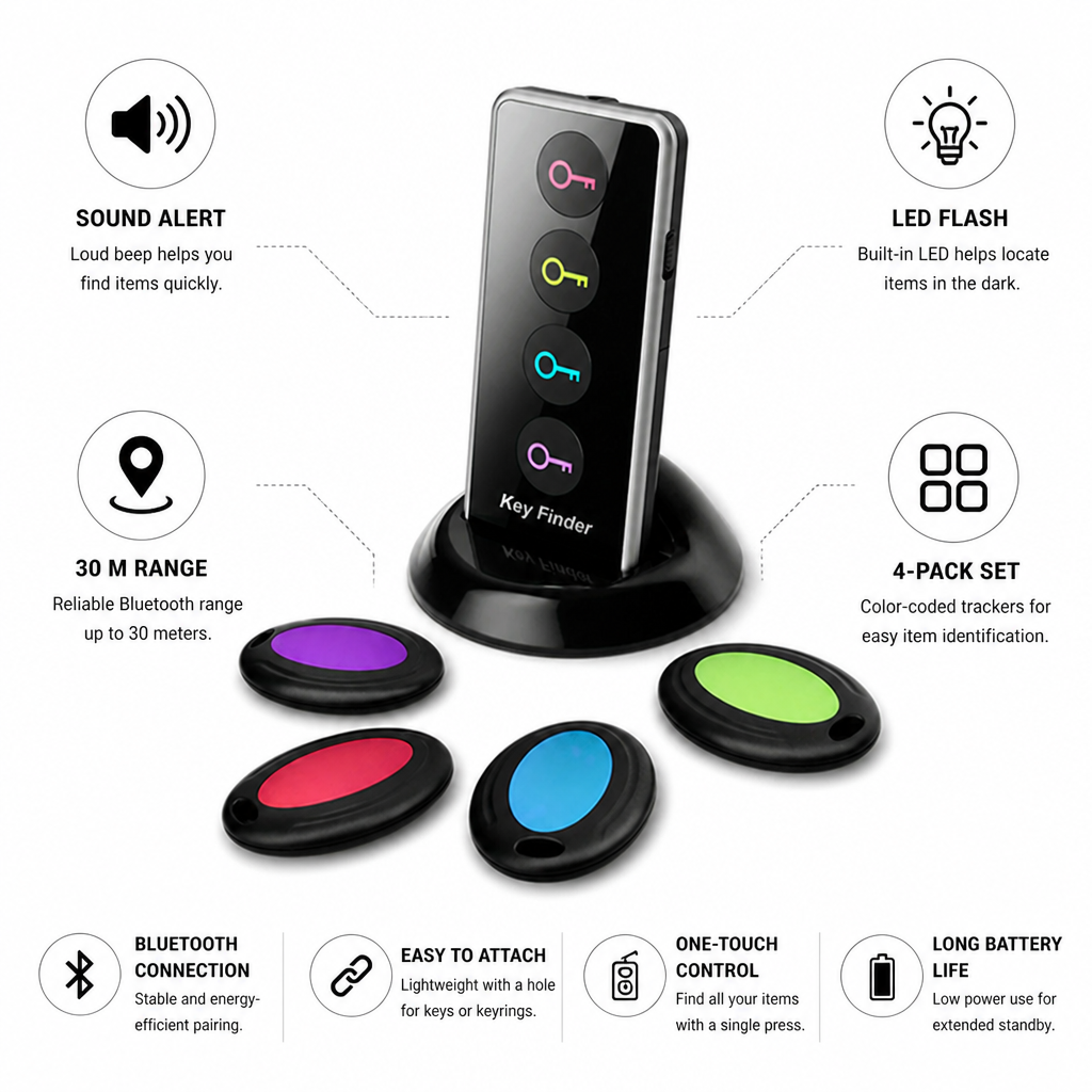 Teletrackers Bluetooth Tracking Device | Key Finder with LED Flash & 30 m Range | 4-Pack